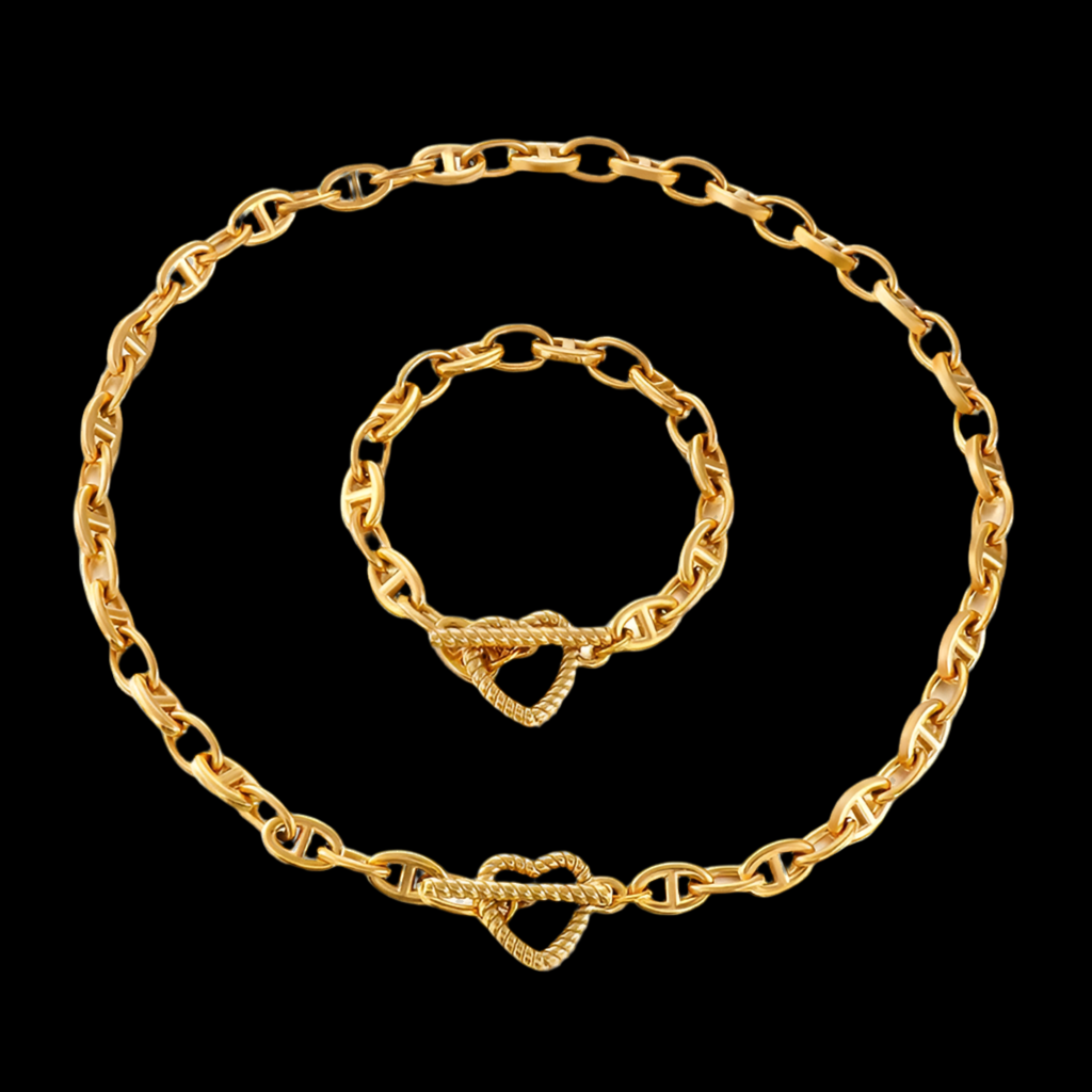 Conjunto de Cadena y Pulsera de Corazón de Moda de Acero de Titanio.