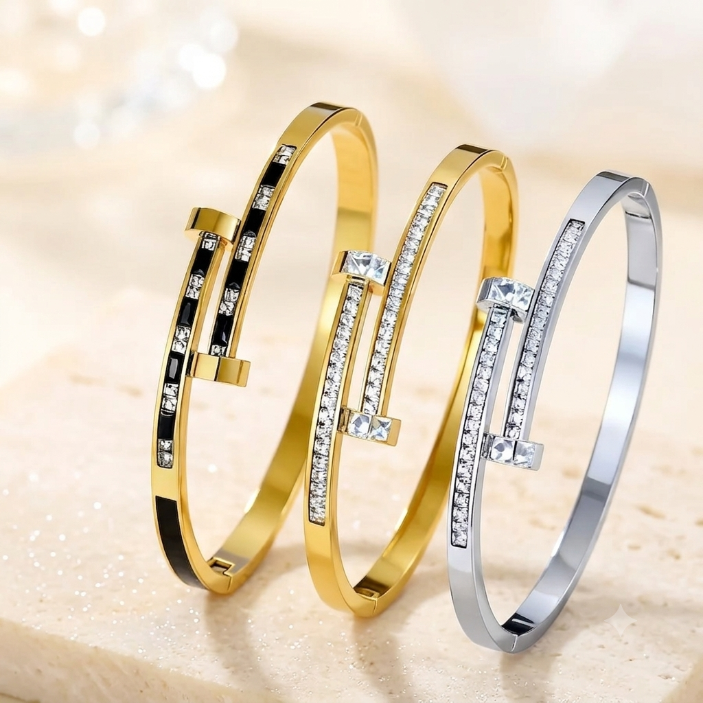 Pulsera de acero de titanio con doble punta, incrustaciones de oro.
